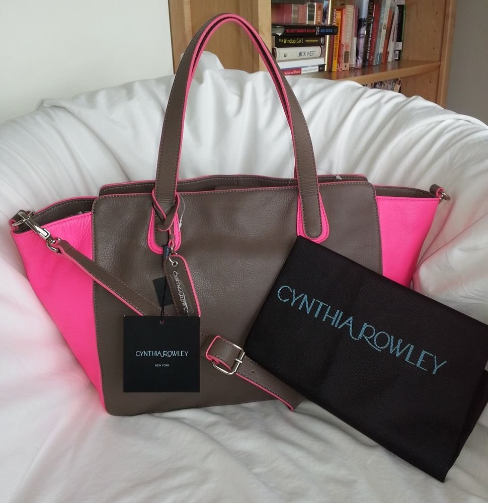Cynthia Rowley Handbag Leather Tote/Shoulder Bag Purse Brown & Neon Pink - NWT