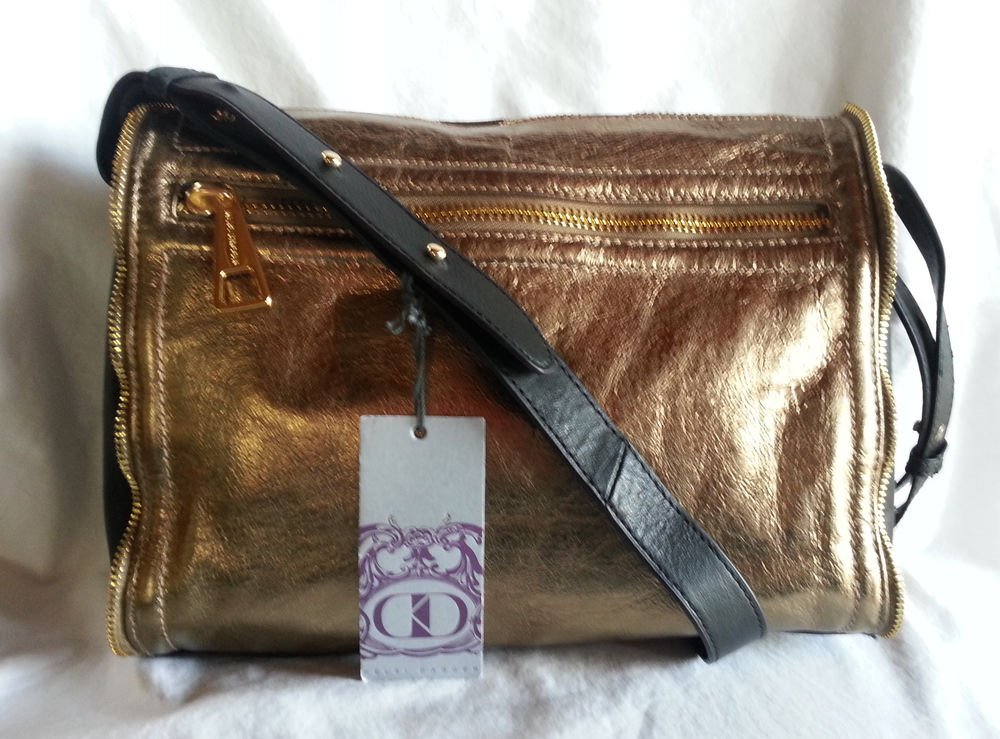 Kelsi Dagger Julie Crossbody Gold Leather w/Black trim Bag Handbag-NWT-SRP $228