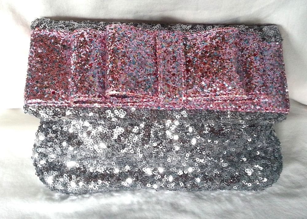 Deux Lux Handbag-Sequined Bow Clutch Bag Mist/Silver, Gunmetal/Pink NWT-RP: $95