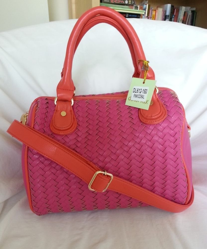 DEUX LUX Handbag-Greenwich Woven Bowler Bag Crossbody in Pink/Coral-NWT-SRP:$165