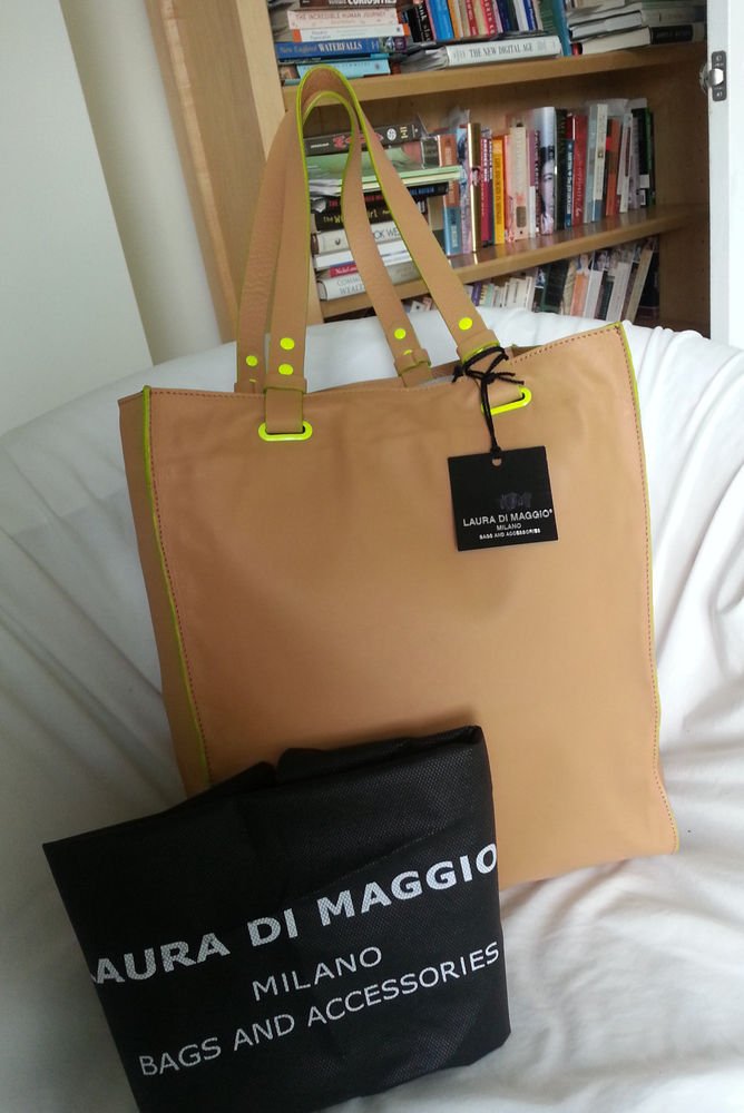 LAURA DI MAGGIO LEATHER NEON POP TOTE BAG IN CARAMEL & LIME-NWT-MADE IN ITALY