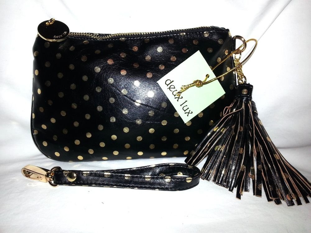 Deux Lux Handbag Gigi Polka Dot Wristlet Purse Bag Lux gold, Black and Gray-NWT