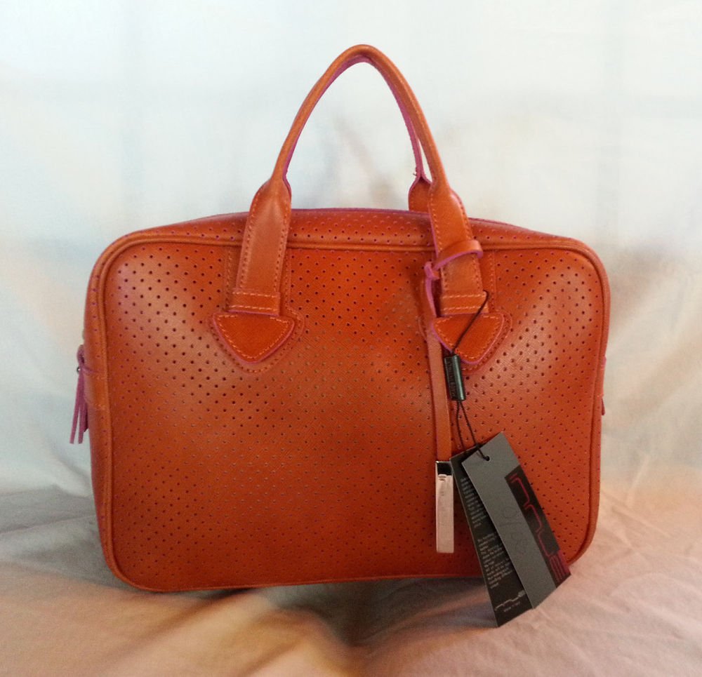 INNUE Leather Lunchbox Satchel Bag MADE IN ITALY in Orange/Pink Trim-NWT