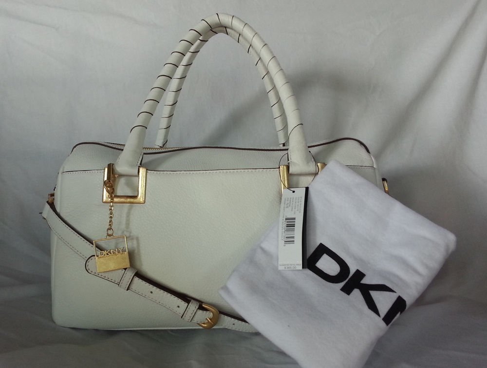 DKNY DONNA KARAN LEATHER CROSBY WOVEN HANDLE BOWLER BAG IN WHITE-NWT-MSRP $365
