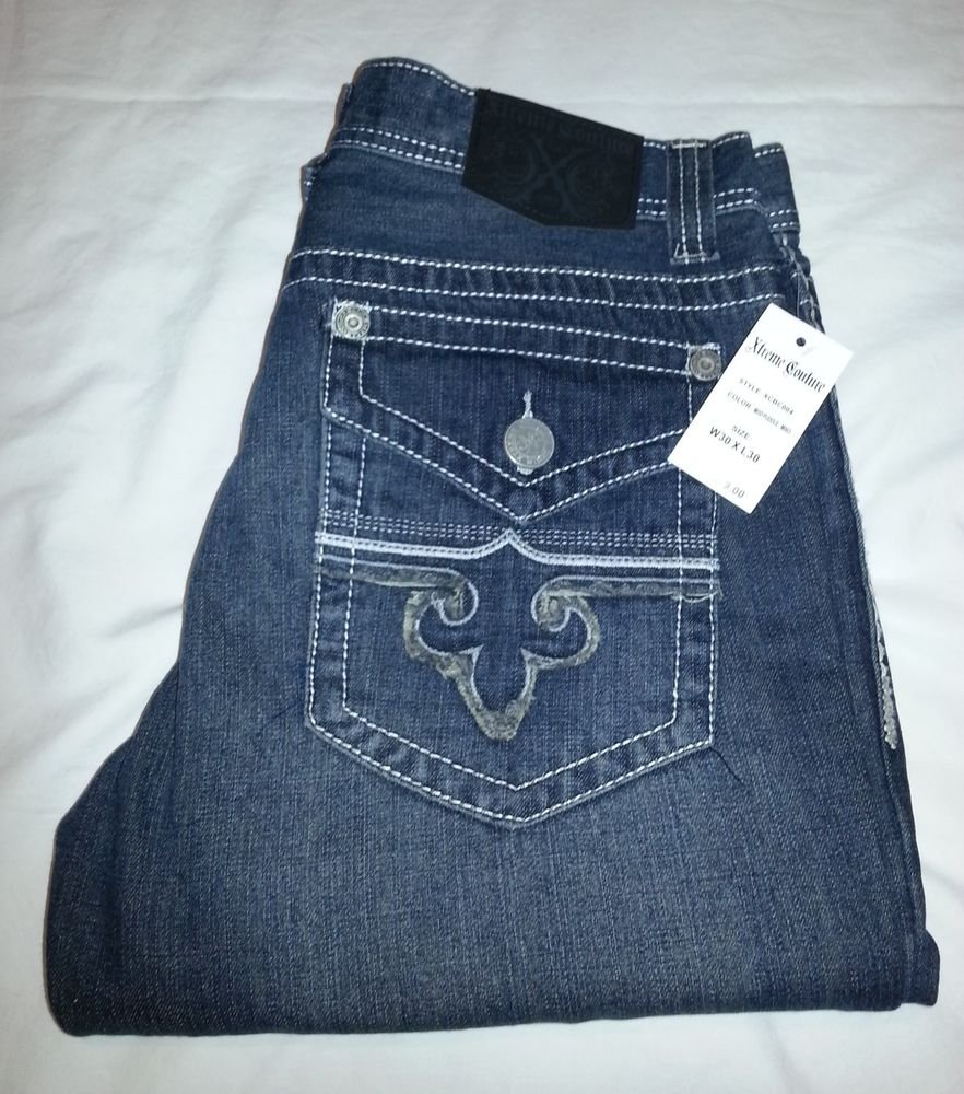 MEN'S AFFLICTION XTREME COUTURE JEANS FLEUR DE LIS POCKET DARK BLUE 30X30 -NWT