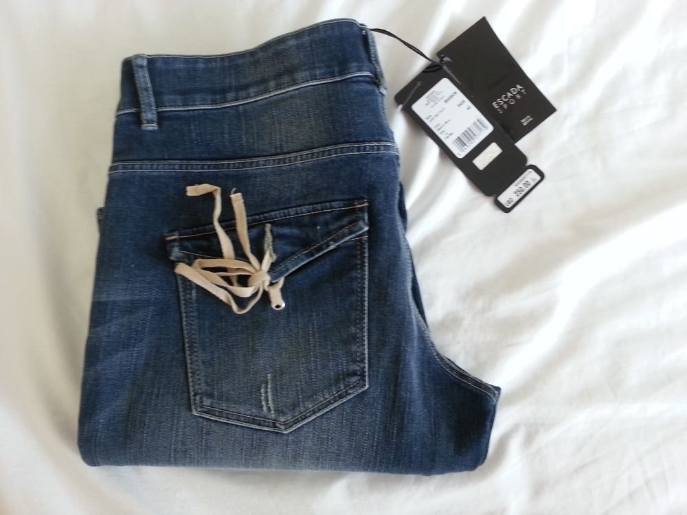 Women's Escada Sport Rear Pocket Tie Jeans Size 10 in Medium Blue-NWT-SRP: $250