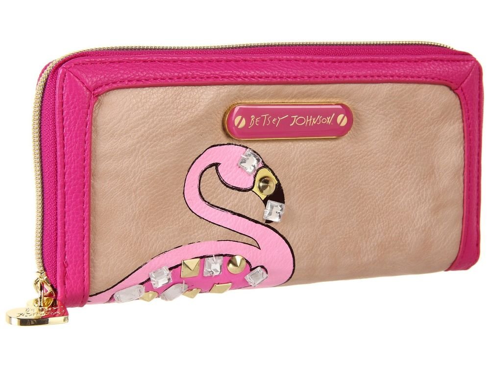BETSEY JOHNSON WALLET BJ-EWELED PINK FLAMINGO ZIP AROUND IN HIBISCUS-NWT-SRP:$68