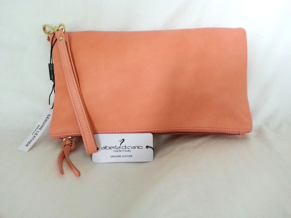 Alberta DiCanio Made in Italy Pia Foldover Clutch Bag in Salmon Pink Leather NWT