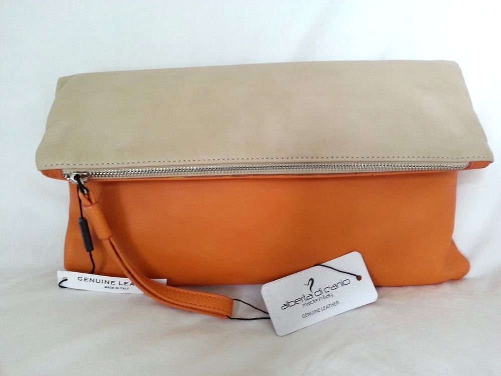 Alberta DiCanio Made in Italy Pia Foldover Clutch Bag Orange/Natural Leather NWT