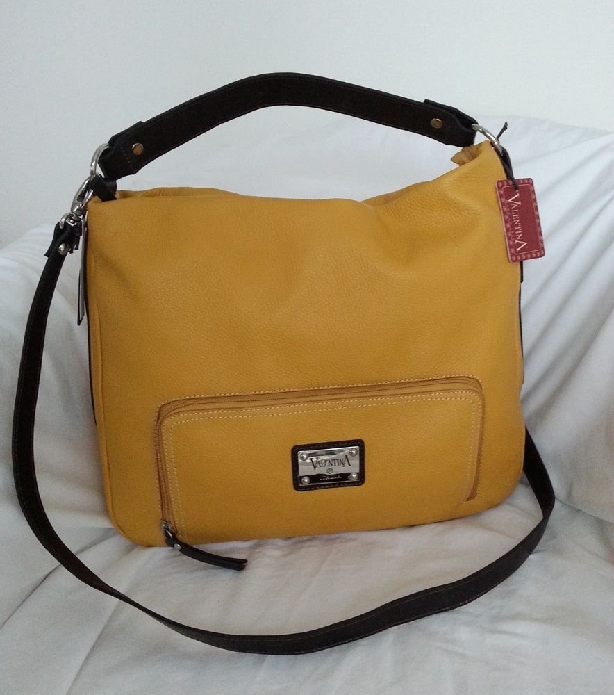 Valentina Large Pebbled Leather Convertible Hobo/Shoulder Bag Autumn Gold-NWT