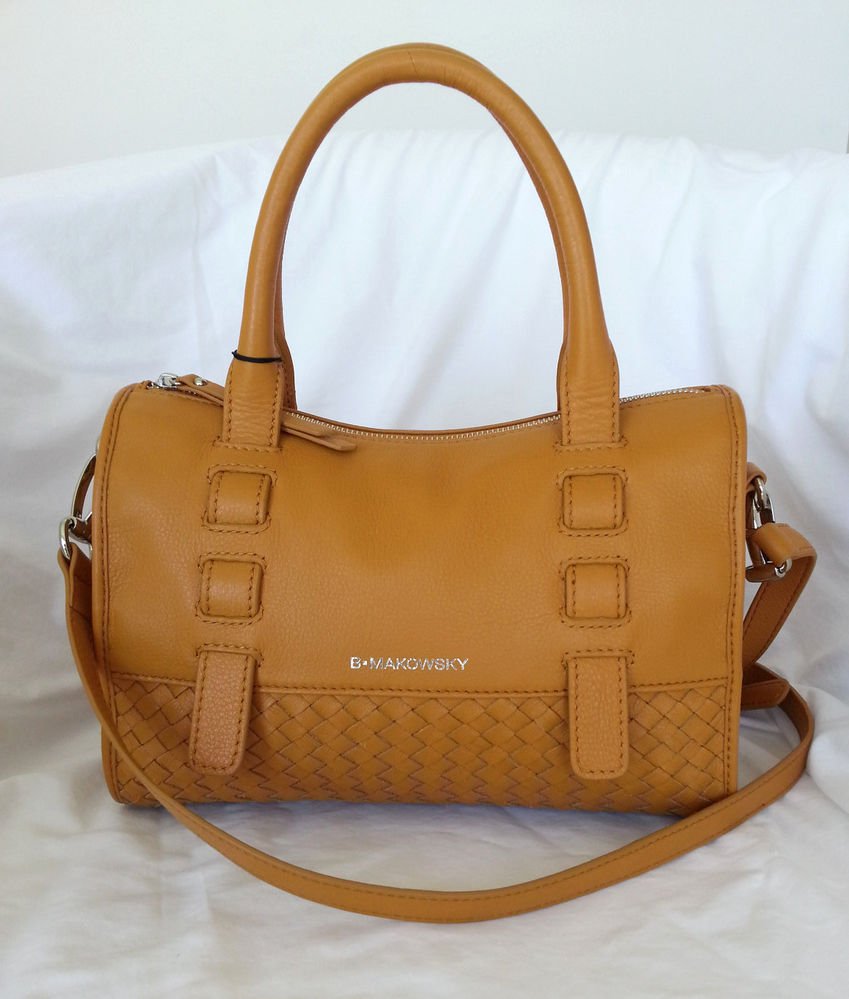 B. Makowsky Handbag Woven Leather Satchel/Crossbody Bag in Nutmeg-NWT-RP: $288