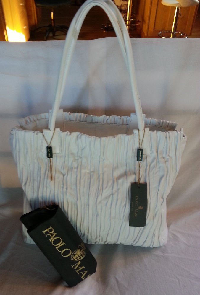 Paolo Masi 'Plisse' Pleated Nappa Leather Tote Shoulder Bag White-NWT-SRP: $595