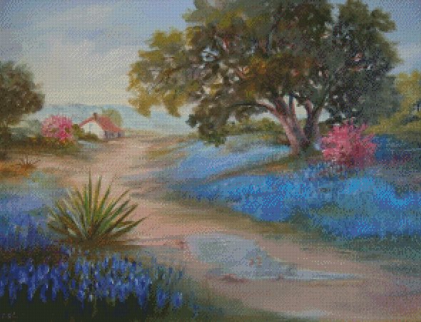 Texas Bluebonnets Landscape Counted Cross Stitch - Aida 14