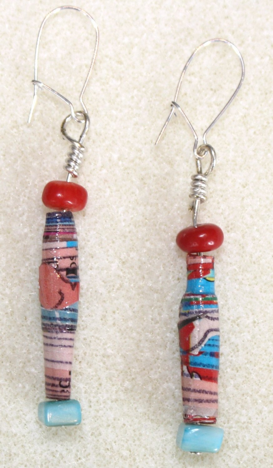 Blue N' Tomato Paper Bead Earrings - Item #E11