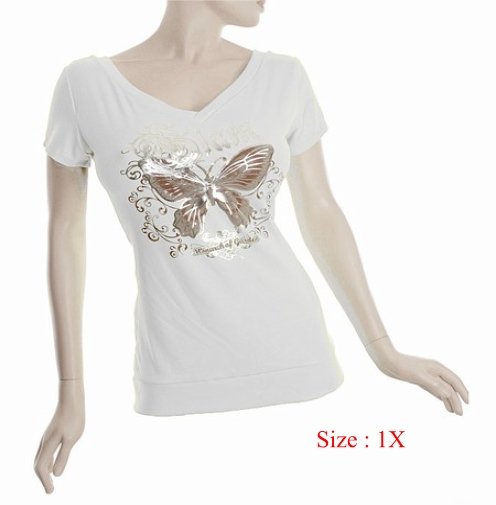Size 1X V-neck Top stretch T-shirt short sleeve, White (71-00516/1X)