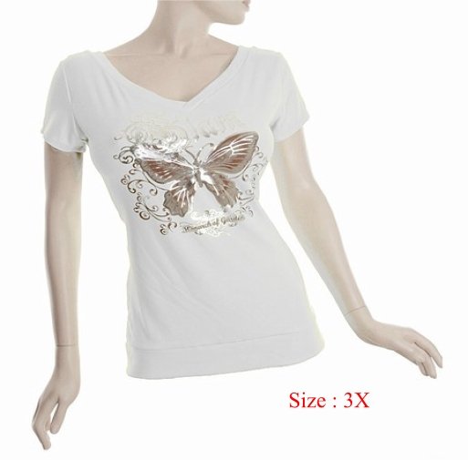 Size 3X V-neck Top stretch T-shirt short sleeve, White (71-00556/3X)