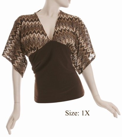 Size 1X V-neck Kimono Top, 3/4 sleeve, Brown (71-00316/1X)