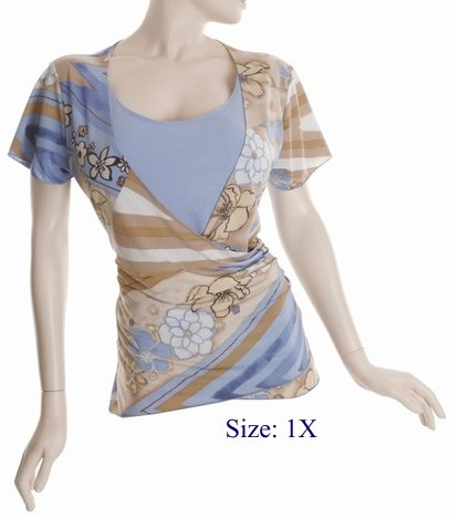 Size 1X V-neck surplice Top, short sleeve, Blue/brown (71-00816/1X)