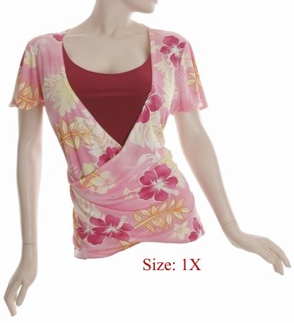 Size 1X V-neck surplice Top, short sleeve, Pink (71-00916/1X)