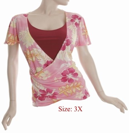 Size 3X V-neck surplice Top, short sleeve, Pink (71-00956/3X)