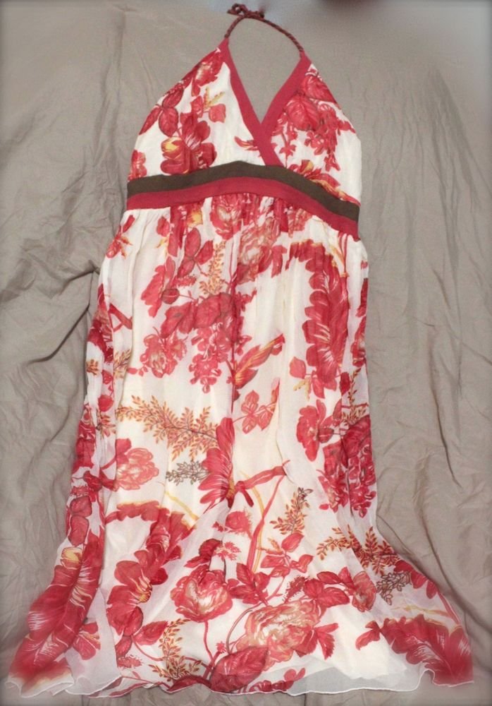 Jonathan Martin Sun Dress Red Brown White Tie Behind Floral 100% Silk Size 10