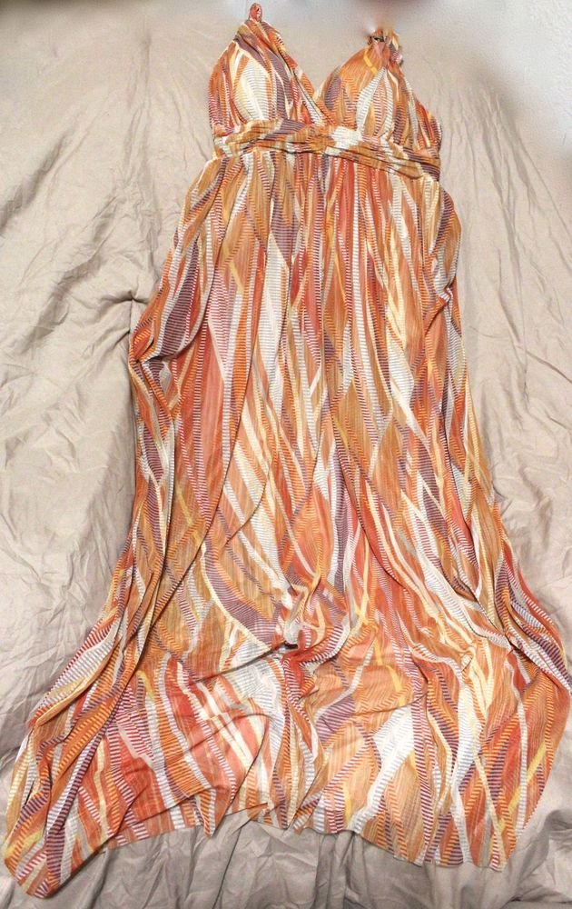 London Times Sun Dress Red Orange Brown White Striped Spaghetti Strap Size 8