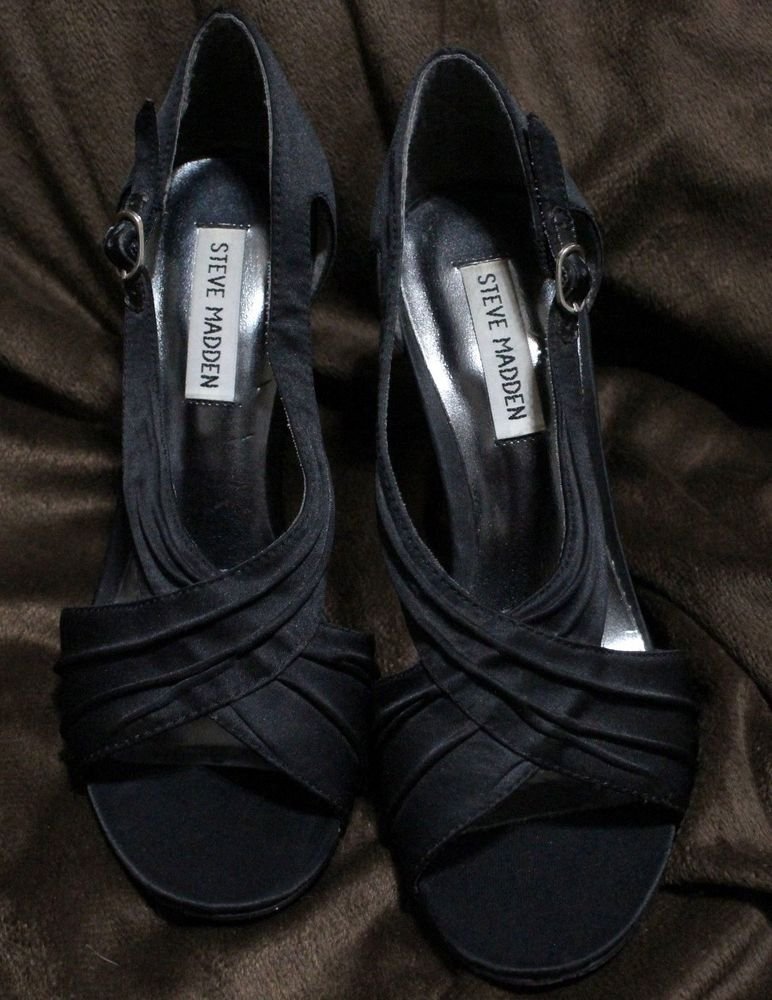 Steve Madden Dignify Black Satin Sandals Leather Sole Heels Dress Shoes Size 7