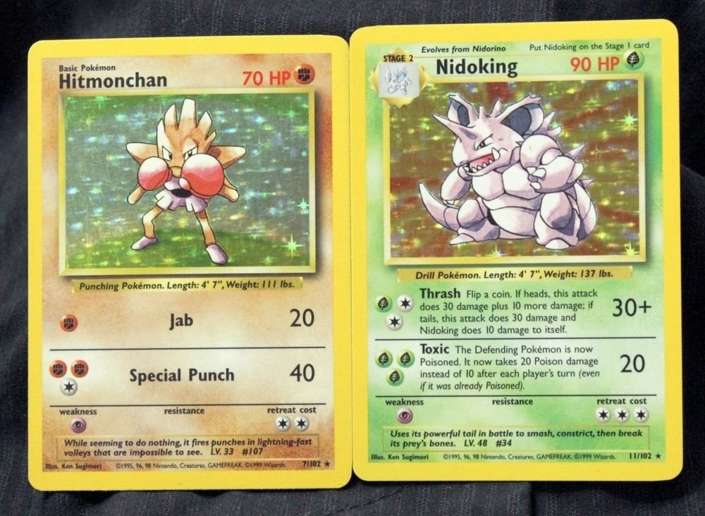 Nidoking 11/102 and Hitmonchan 7/102 NM TCG Base Set Pokemon Cards +BONUS!