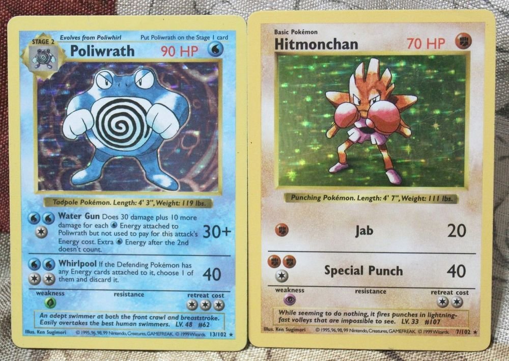 Shadowless Poliwrath 13/102 and Hitmonchan 7/102 NM/EX TCG Pokemon Cards +BONUS