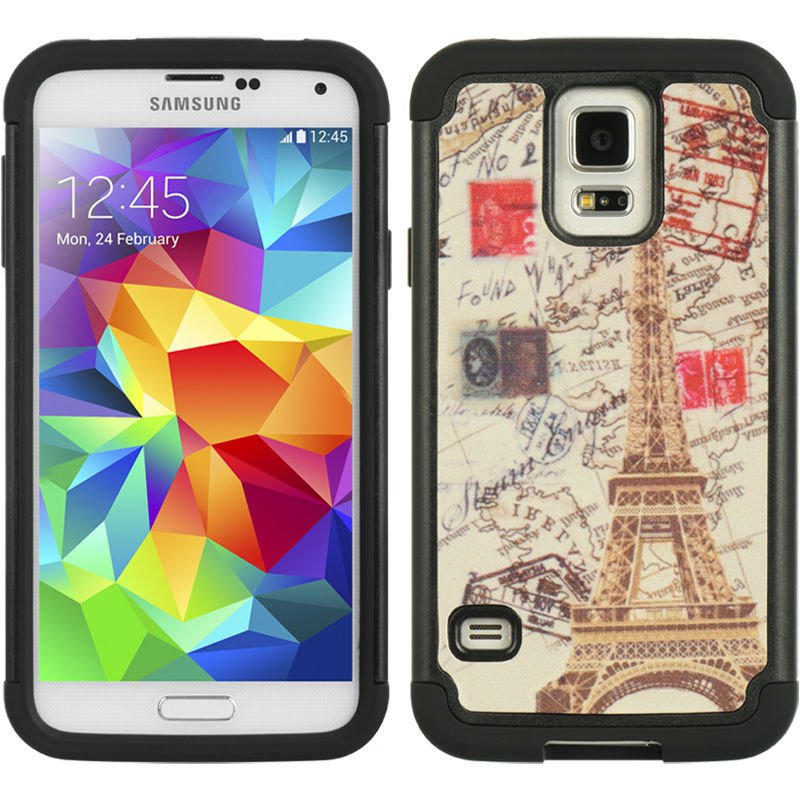 SAMSUNG GALAXY S5 HYBRID CASE BLACK SKIN WITH PC- TRAVEL PARIS SHOCKPROOF USA