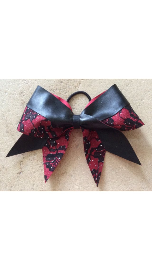 THE SEDUCTIVE - Red Black Lace Leather Cheer Hair Bow Glitter Floral Roses 3-inch Grosgrain Ribbon