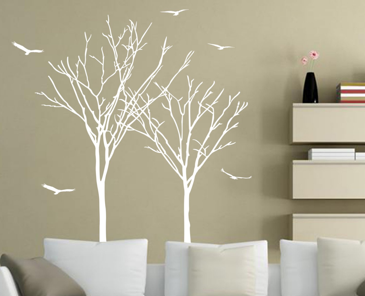 Large Twin Tree Branches & Birds Art Vinyl Wall Sticker, Wall Decal