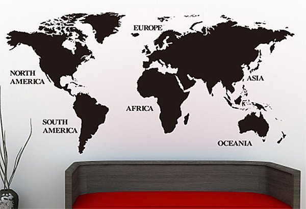 'Large World Map' Wall Art Vinyl Sticker, Home DIY Wall Art Decal