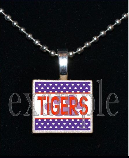 TIGERS Orange & Purple Mascot Team Jersey School Pendant Necklace or Keychain