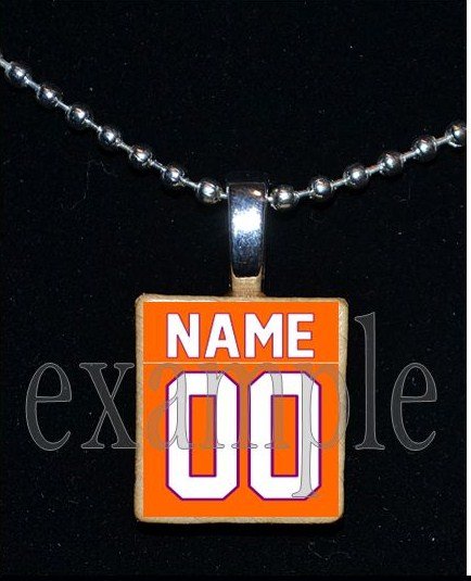 TIGERS PERSONALIZED JERSEY Orange & Purple Mascot Team School Pendant Necklace or Keychain