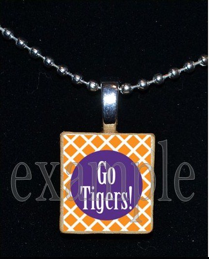 GO TIGERS Orange & Purple Mascot Team School Jersey Pendant Necklace or Keychain