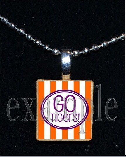 GO TIGERS Orange & Purple Mascot Team Jersey School Pendant Necklace or Keychain