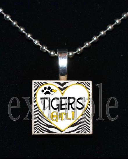 TIGERS GIRL Black & Gold Mascot Team School Pendant Necklace or Keychain