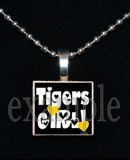 TIGERS GIRL Black & Gold Mascot Team School Pendant Necklace or Keychain