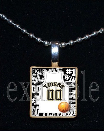 TIGERS PERSONALIZED BASKETBALL JERSEY Black & Gold Mascot School Team Pendant Necklace or Keychain