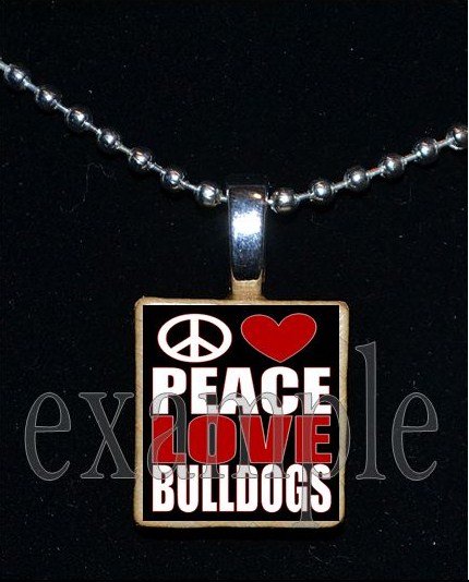 PEACE LOVE BULLDOGS Black & Red Team Mascot Pendant Necklace or Keychain