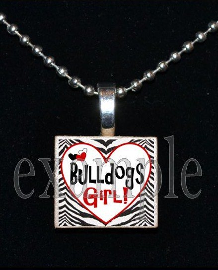 BULLDOGS GIRL Black & Red Team Mascot Pendant Necklace or Keychain