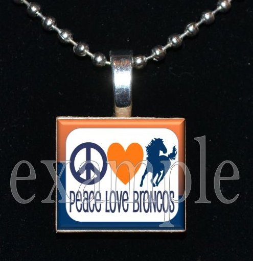 PEACE LOVE BRONCOS Navy, White & Orange Team Mascot Pendant Necklace or Keychain