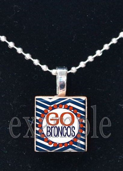 GO BRONCOS Navy, White & Orange Team Mascot Pendant Necklace or Keychain