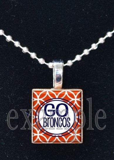 GO BRONCOS Navy, White & Orange Team Mascot Pendant Necklace or Keychain