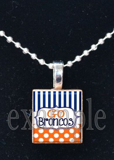 GO BRONCOS Navy, White & Orange Team Mascot Pendant Necklace or Keychain