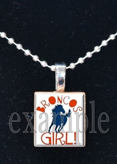 BRONCOS GIRL Navy, White & Orange Team Mascot Pendant Necklace or Keychain
