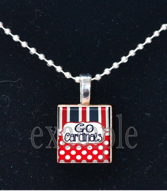GO CARDINALS Baseball Red, White & Blue Team Mascot Pendant Necklace or Keychain