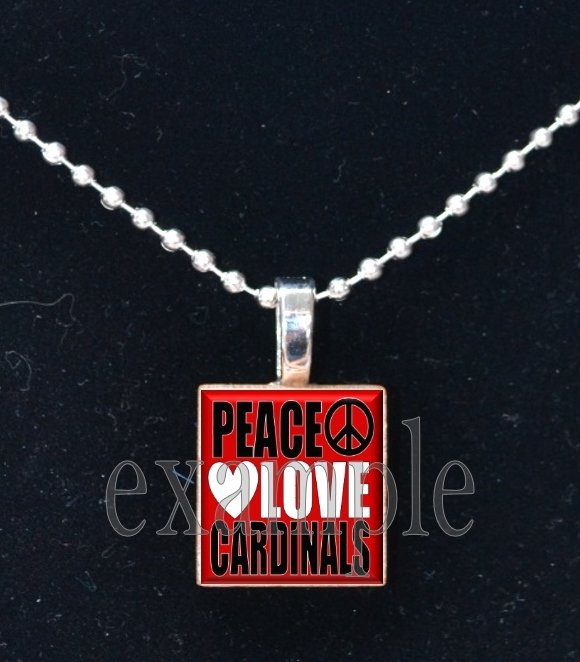PEACE LOVE CARDINALS Red, White, Black & Yellow Team Mascot Pendant Necklace or Keychain