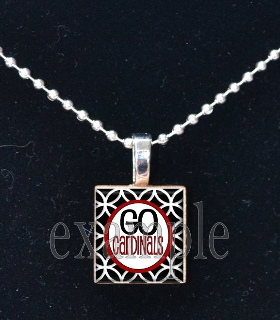GO CARDINALS Red, White, Black & Yellow Team Mascot Pendant Necklace or Keychain